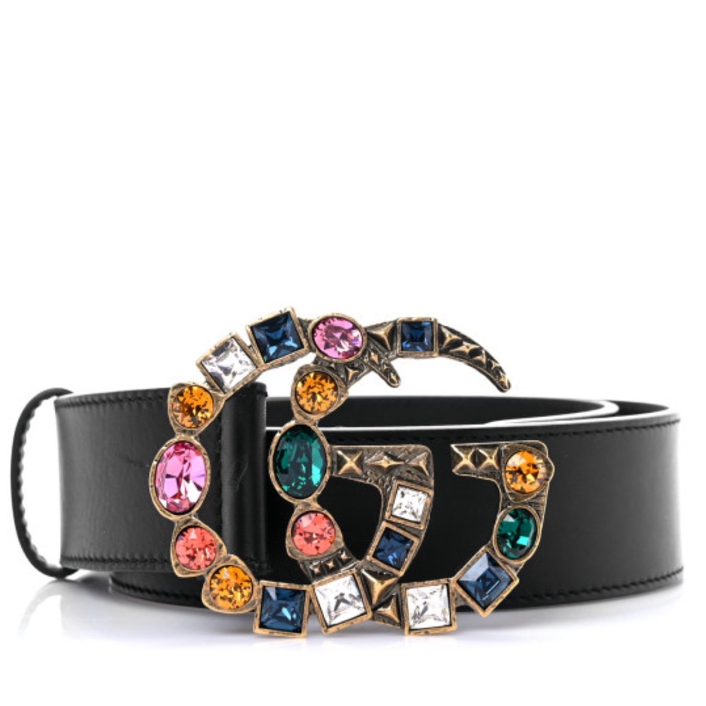 Gucci Multicolor Crystal Double G Buckle Belt - Black Leather, Size 90/36